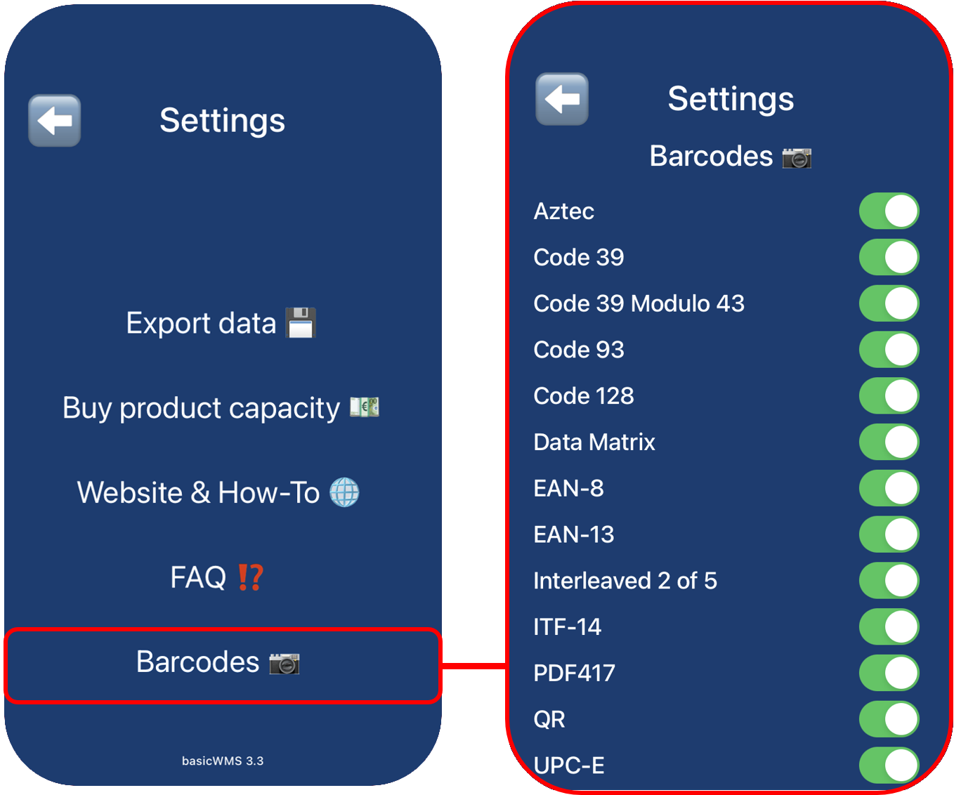 Bracode types in basicWMS